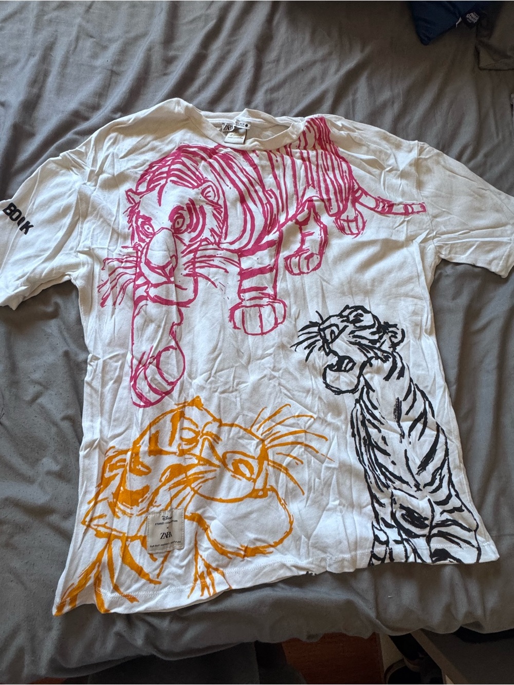 Zara White Tee with Pink, Orange & Black Tiger Graphics